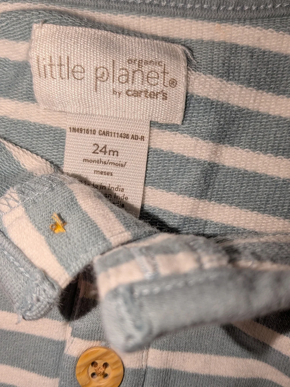 Striped Blue & White Sleeveless One-Piece With Wood Buttons, Organic Cotton 24m